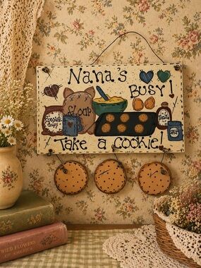 90s Nana's Busy! Take a Cookie Vintage Kitchen Sign - Cream, Black, Green